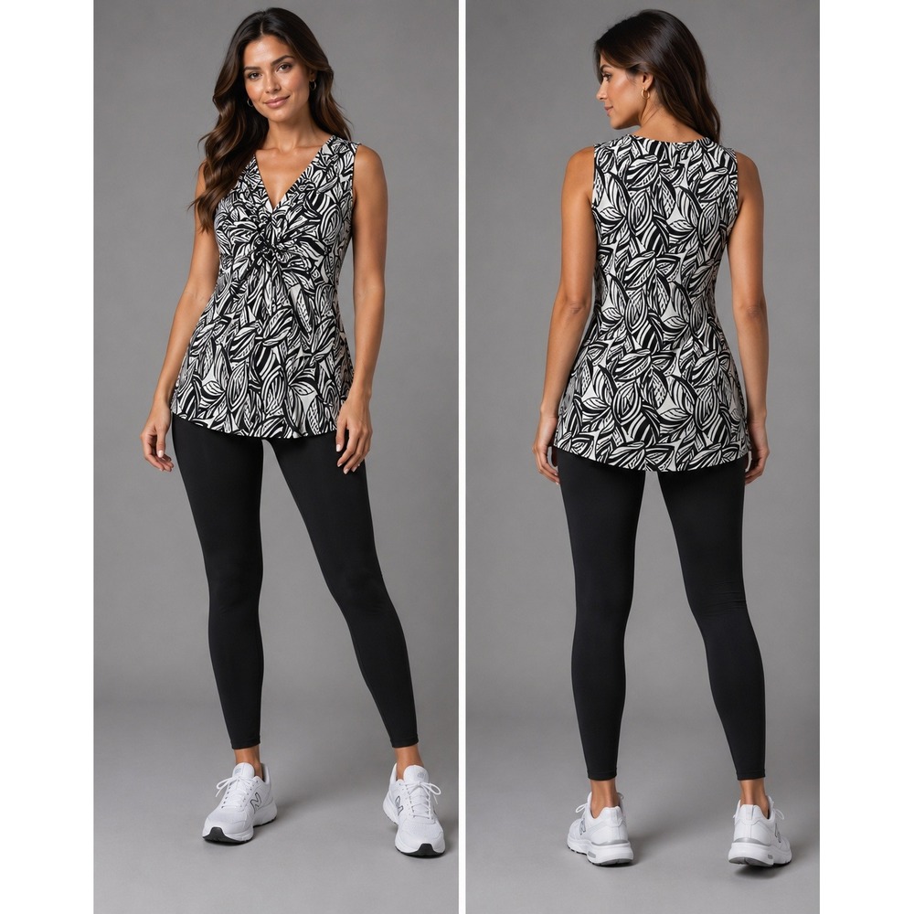 Tribal Sleeveless Top Womens Small Black White Leaf Print Twist Front V-Neck